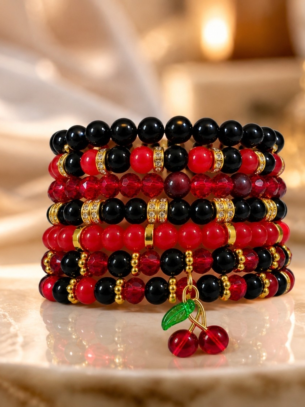 🍒 Cherry Luxe Beaded Wrap Glam Bracelet - Picture 4 of 5
